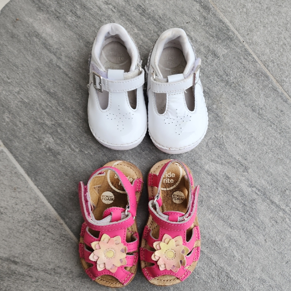 Stride Rite White Mary Jane and Pink Flower Toddler Sandals Set
